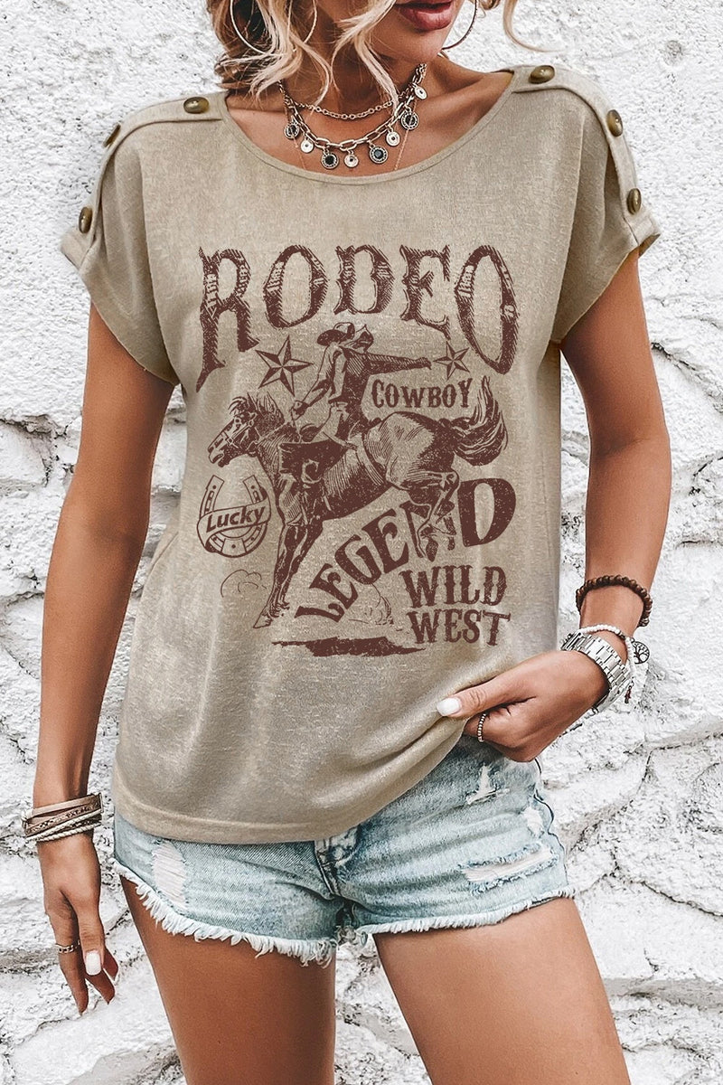 Decorative Button Graphic Round Neck Short Sleeve T-Shirt Trandify deal