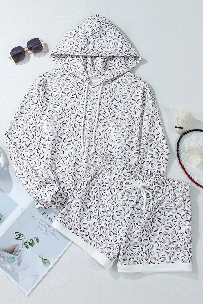 Drawstring Leopard Long Sleeve Hooded Top and Shorts Set Trandify Deal