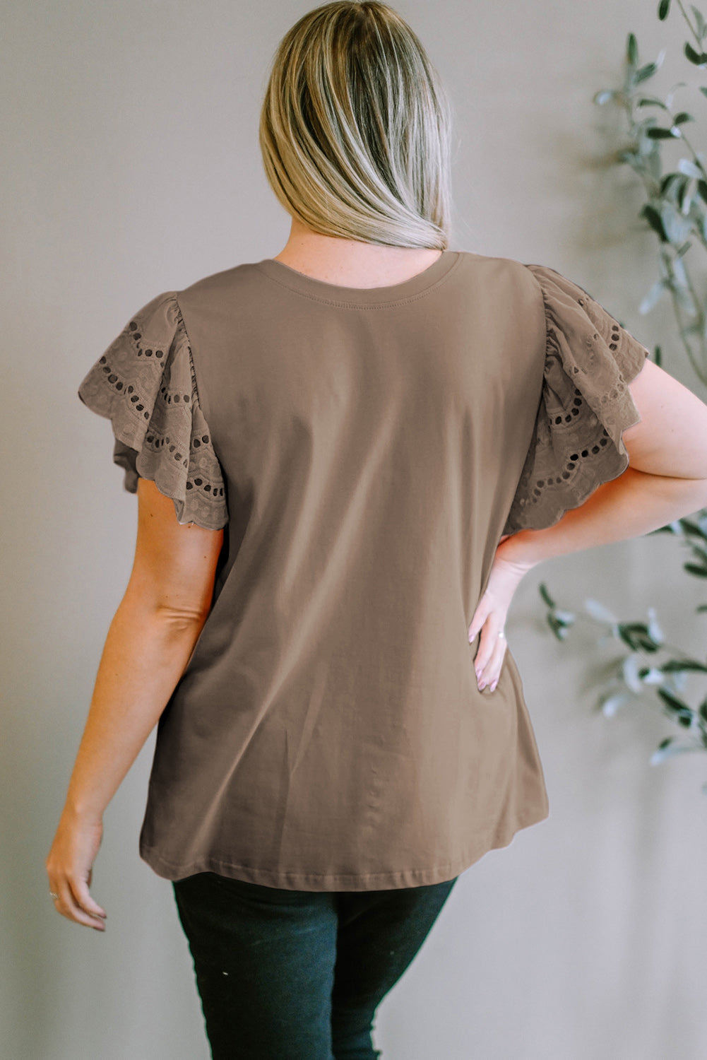 Plus Size Eyelet Round Neck Short Sleeve Blouse Trandify deal