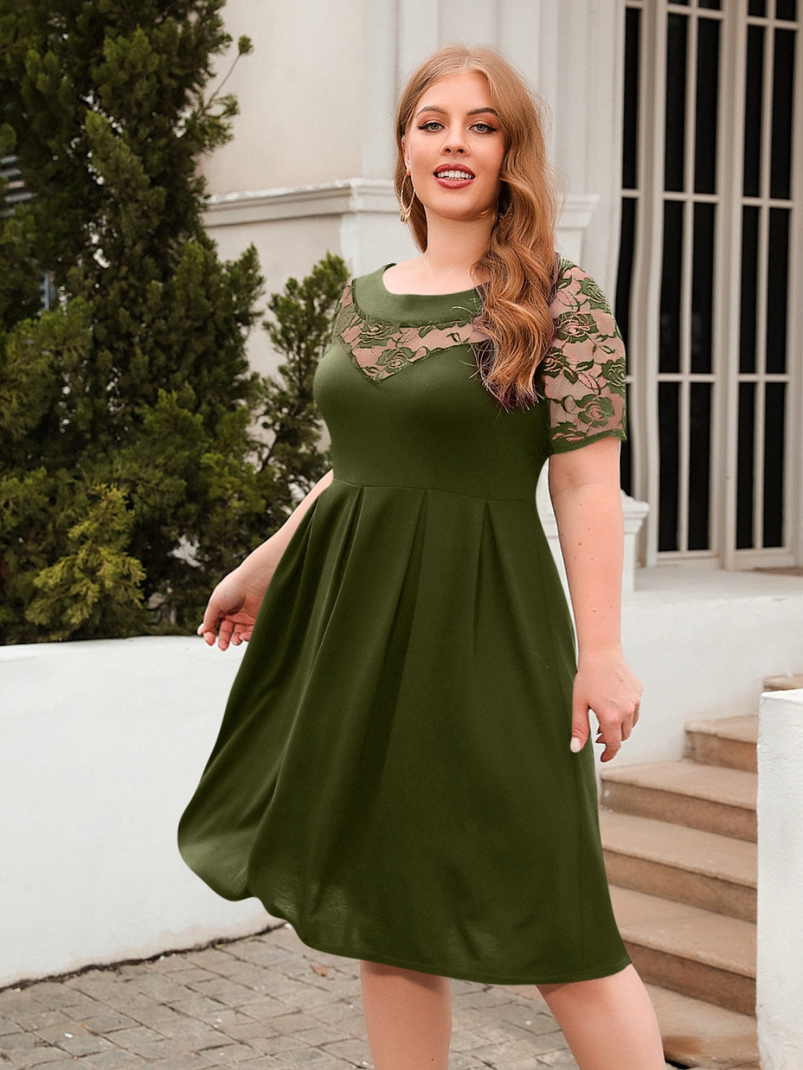 Plus Size Ruched Round Neck Short Sleeve Dress Trandify deal