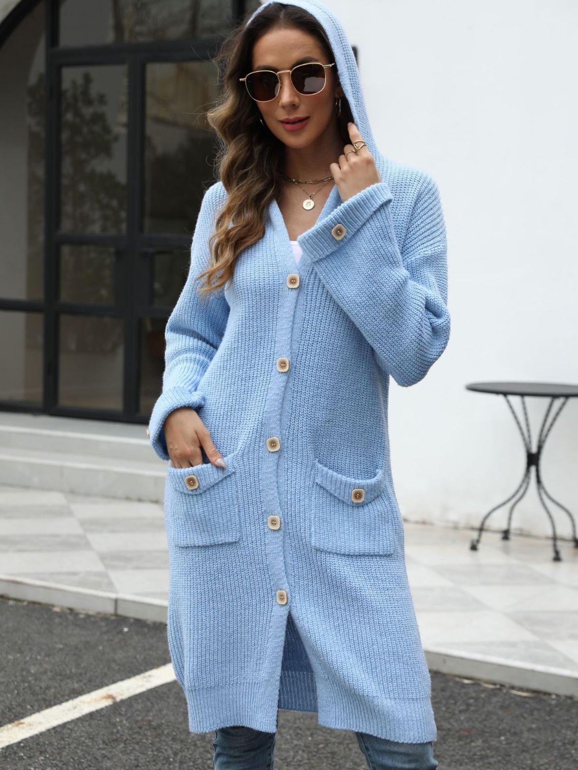 Pocketed Button Up Long Sleeve Hooded Cardigan Trandify Deal