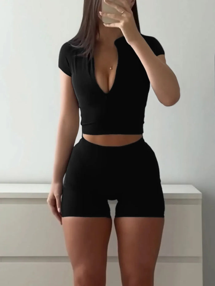 Women’s short sleeve crop top and high-waisted shorts set for summer