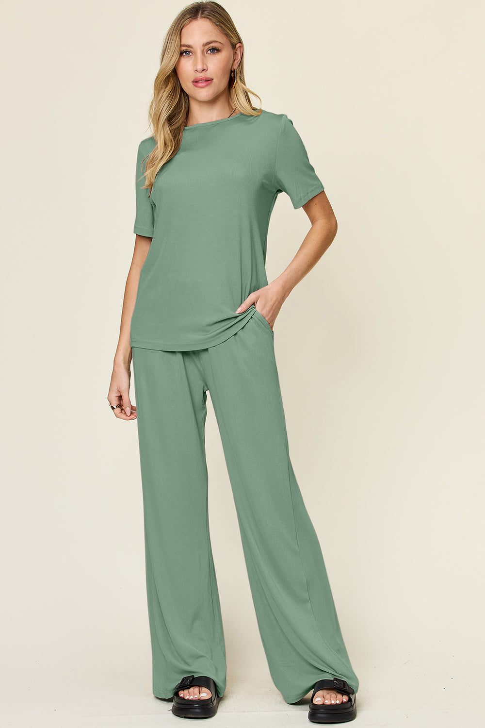 Double Take Full Size Round Neck Short Sleeve T-Shirt and Wide Leg Pants Set Trandify Deal