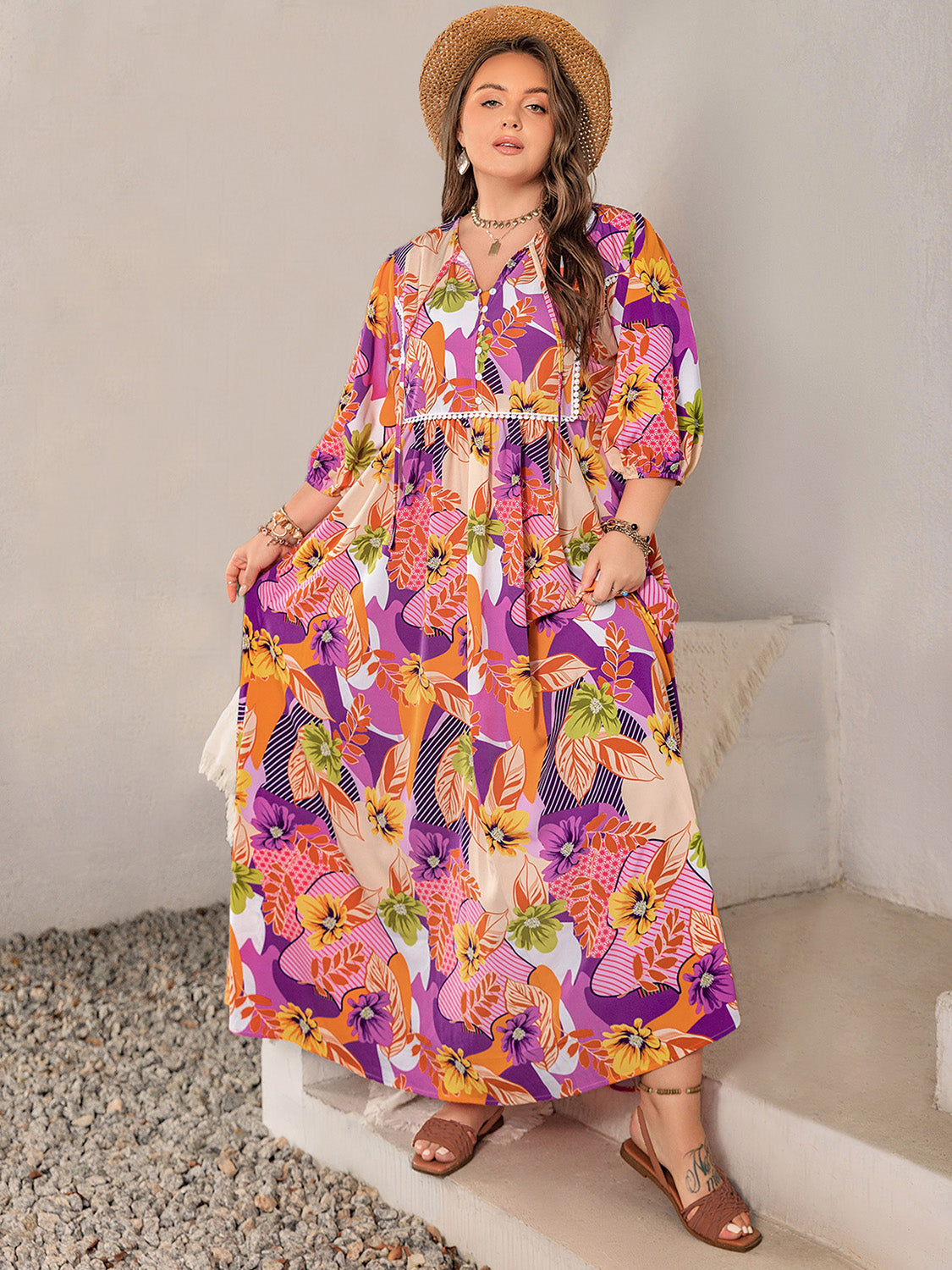 Plus Size Printed Tie Neck Maxi Dress Trandify Deal