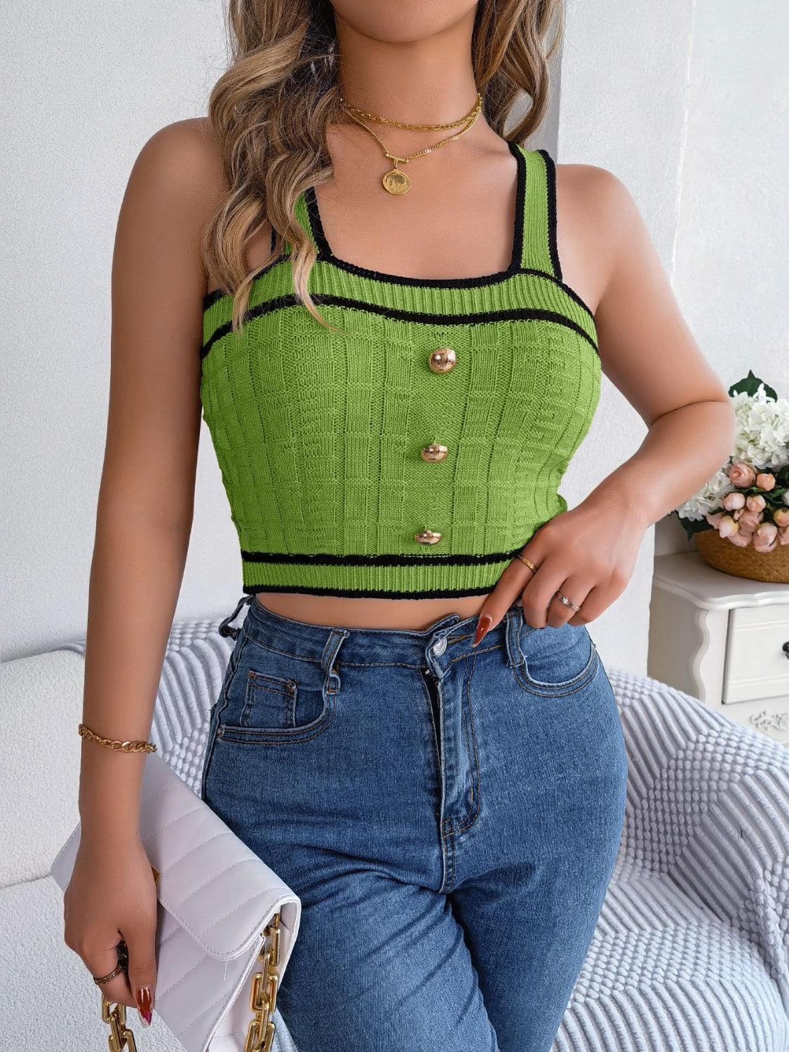 Decorative Button Wide Strap Knit Cami Trandify deal