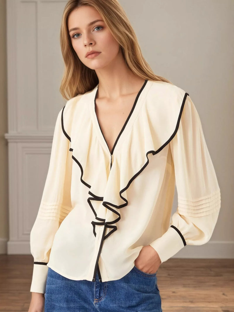 Women's ruffled long sleeve blouse in [Cream] - rayon boho top for casual wear.