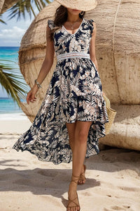 Perfee High-Low Printed V-Neck Cap Sleeve Midi Dress Trandify deal