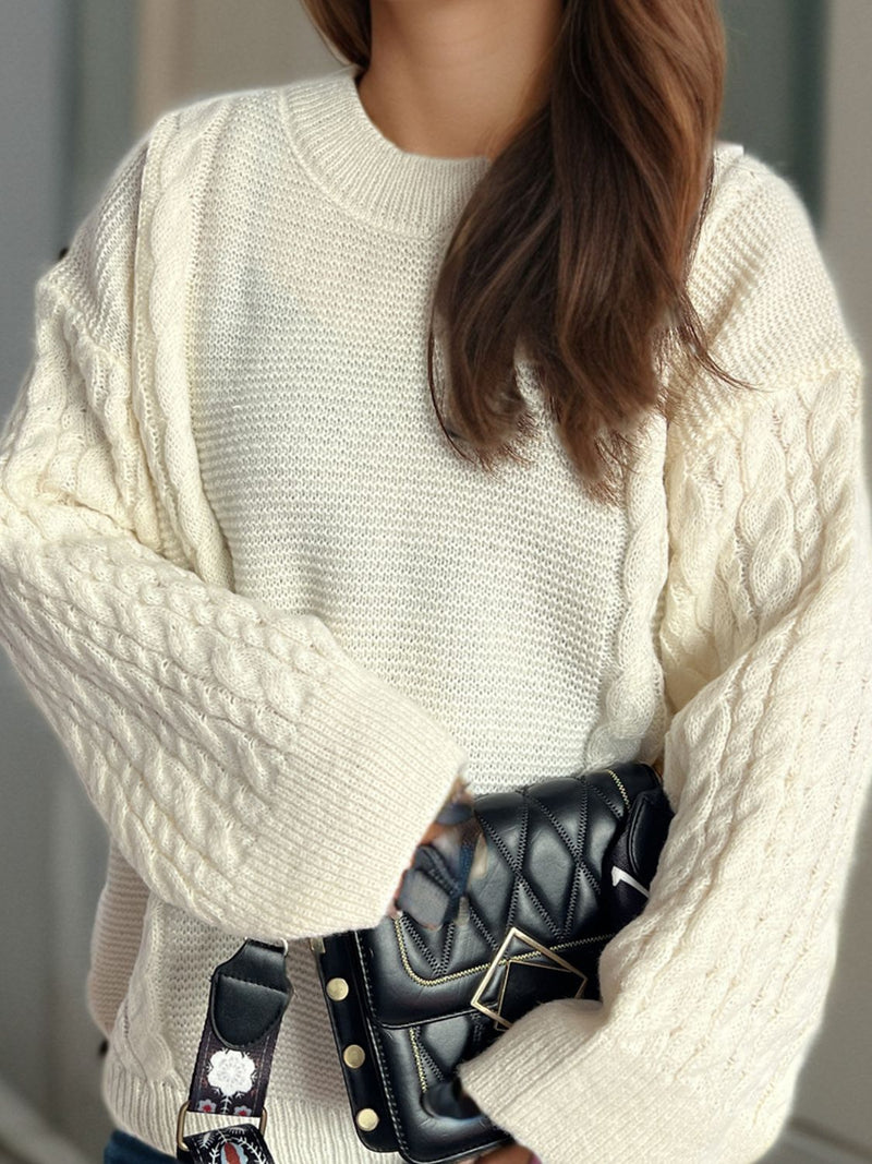 Cable-Knit Round Neck Long Sleeve Sweater Trandify Deal