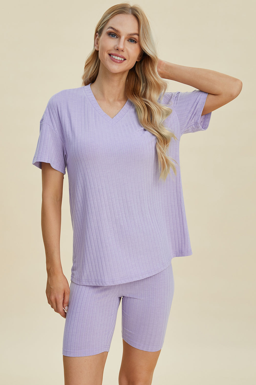 Basic Bae Full Size Ribbed V-Neck Short Sleeve Top and Shorts Set Trandify deal