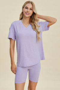 Basic Bae Full Size Ribbed V-Neck Short Sleeve Top and Shorts Set Trandify deal