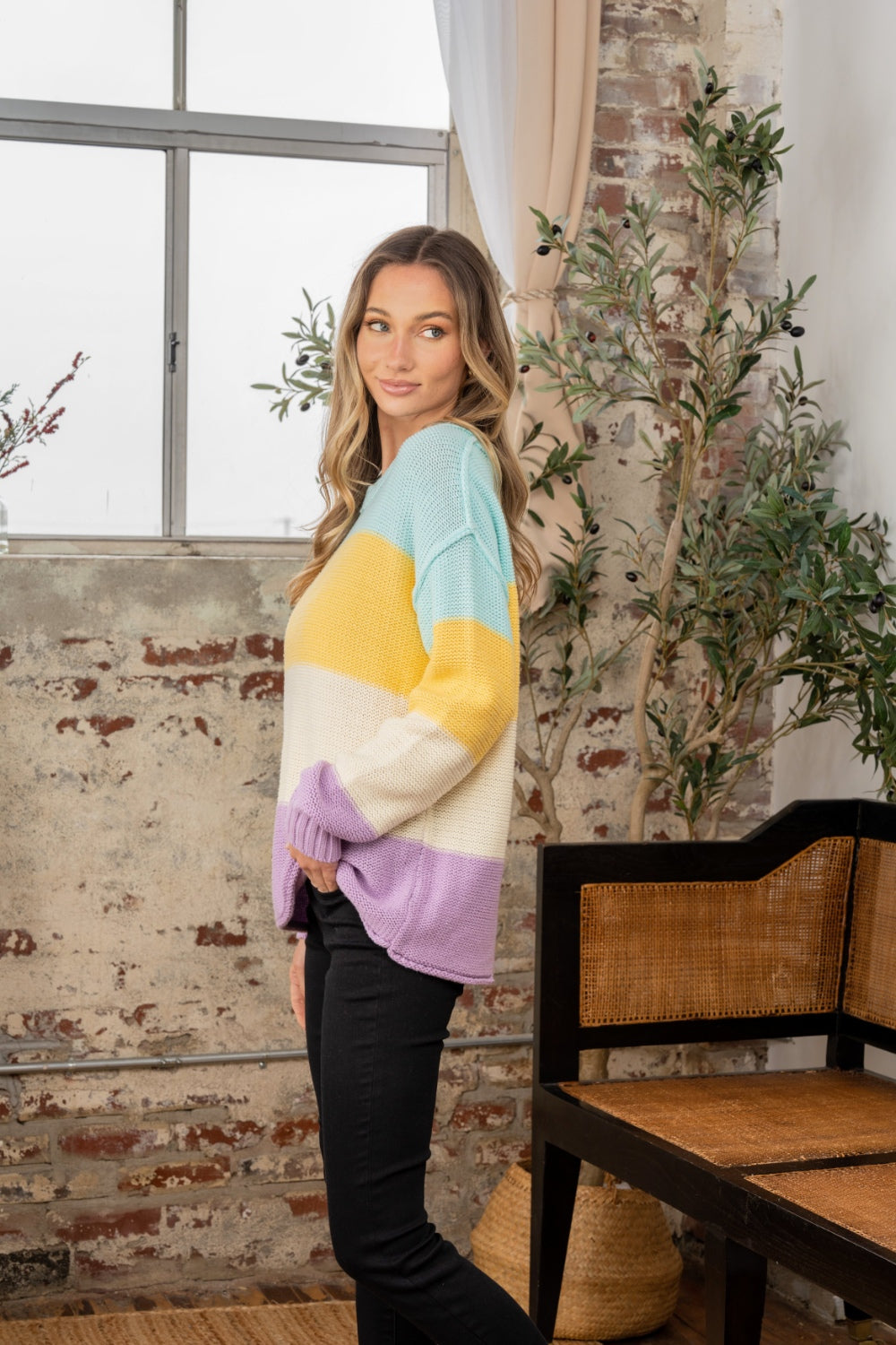 Full Size Color Block Exposed Seam Sweater Trandify Deal