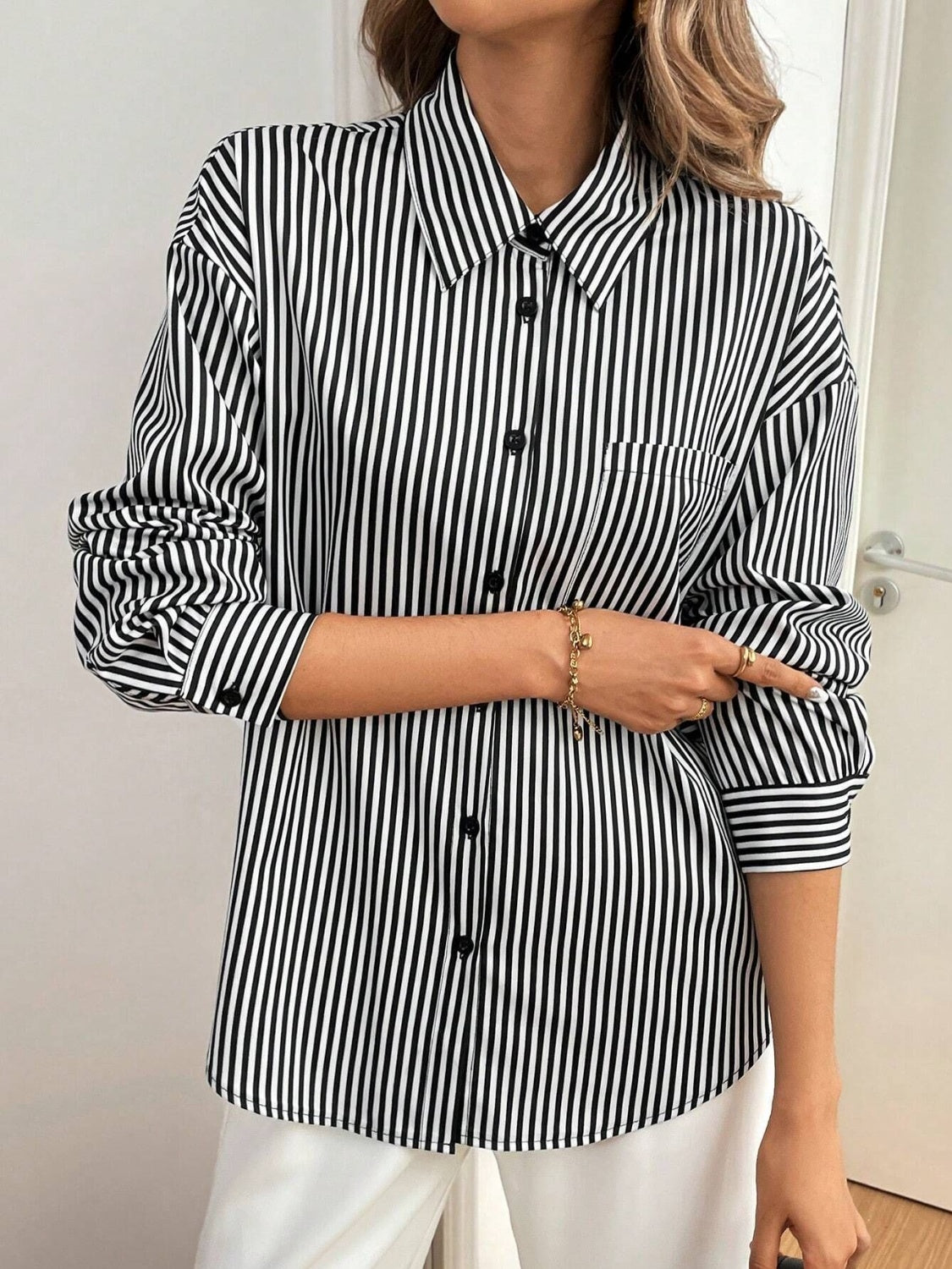 Cutout Bow Back Striped Collared Neck Long Sleeve Shirt Trandify Deal