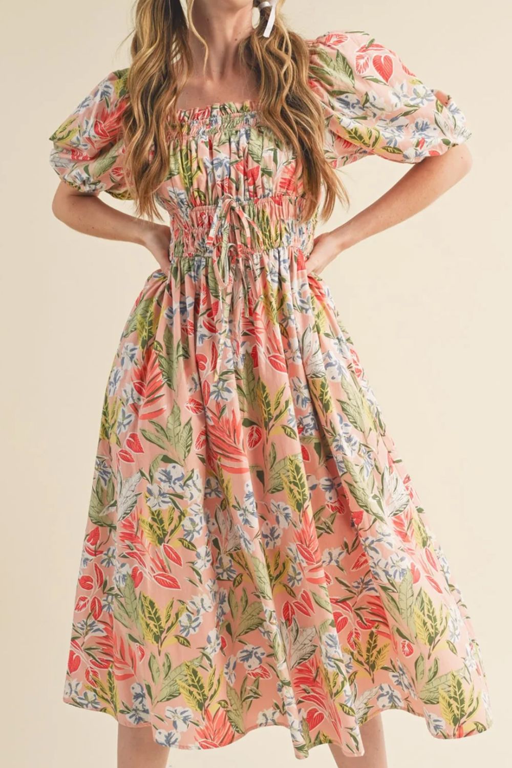 Floral Smocked Square Neck Puff Sleeve Midi Dress for Women – Summer Outfit USA