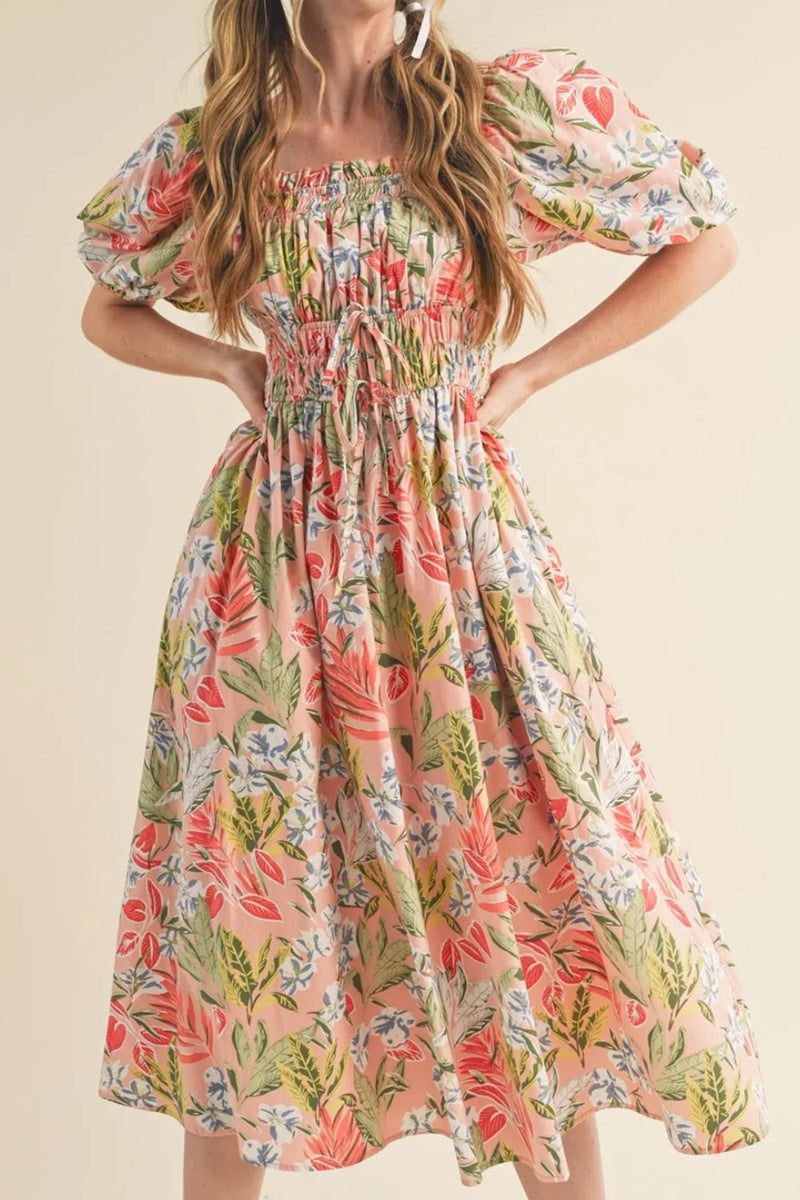 Floral Smocked Square Neck Puff Sleeve Midi Dress for Women – Summer Outfit USA