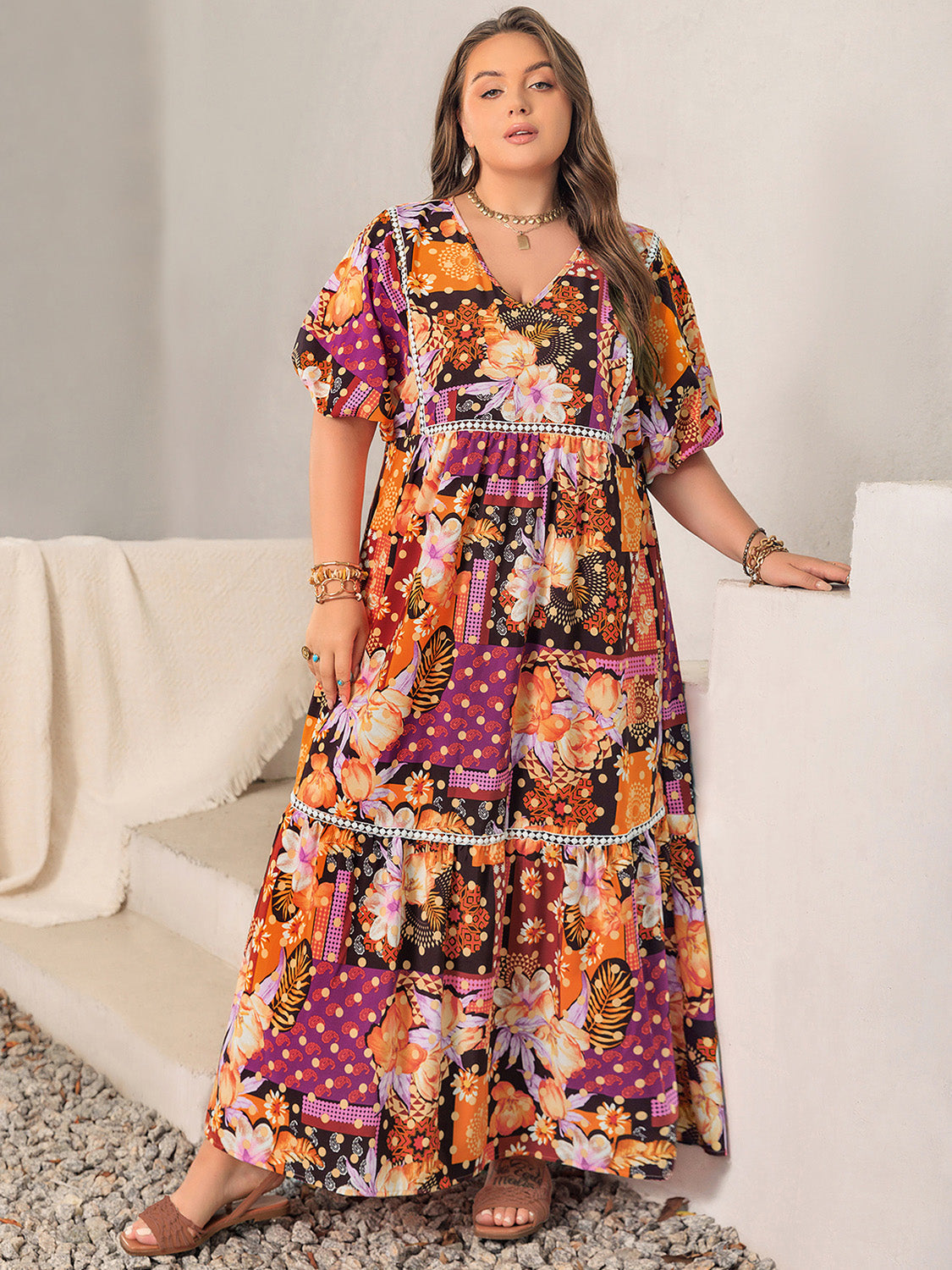 Plus Size Printed V-Neck Half Sleeve Maxi Dress Trandify Deal