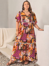 Plus Size Printed V-Neck Half Sleeve Maxi Dress Trandify Deal