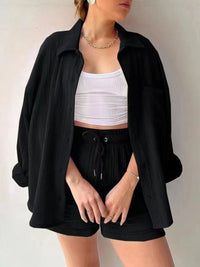 Trendy linen-blend two-piece set for women, stylish matching shirt and shorts