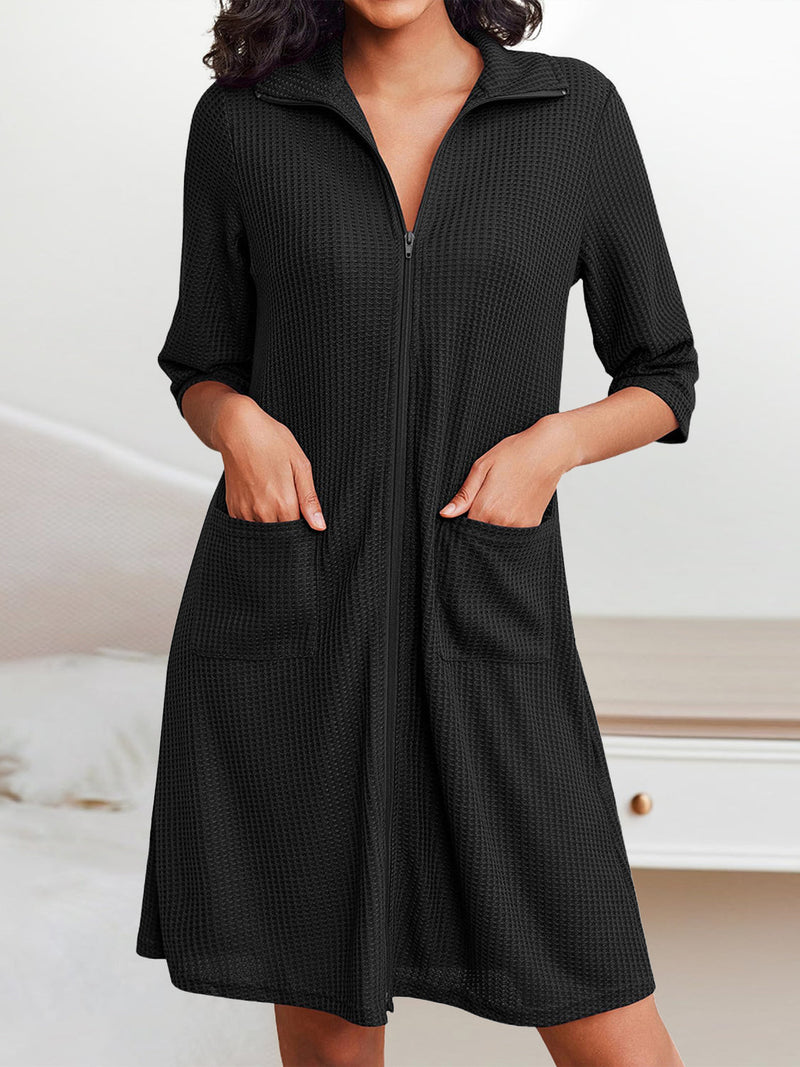 Waffle-Knit Zip Up Half Sleeve Dress Trandify Deal
