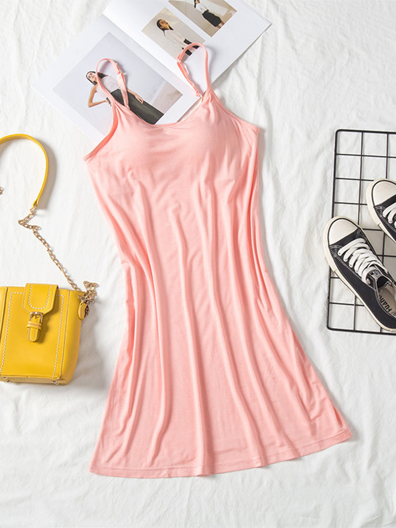 Round Neck Spaghetti Strap Cami Dress with Bra Trandify Deal