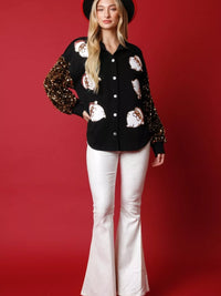 Women's Santa Christmas Sequin Shirt - Front view showing red sequin Santa design on a black long-sleeve top for holiday parties