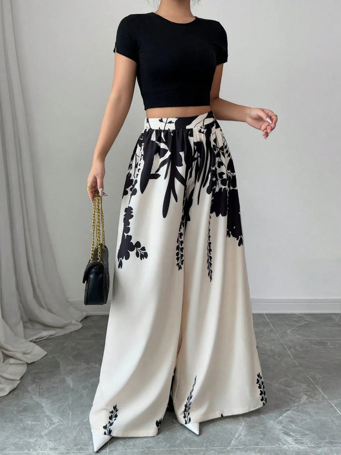 Printed Wide Leg Pants with floral boho pattern model walking