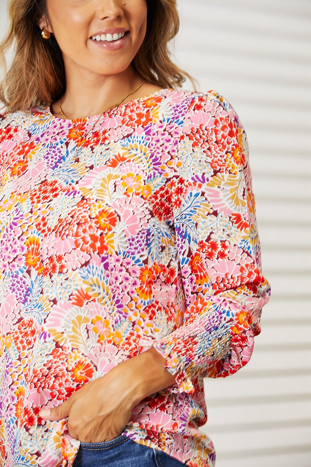 Double Take Floral Print Long Puff Sleeve Blouse Trandify Deal