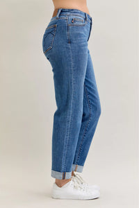 Plus Size Judy Blue Cuffed Jeans in a mid-rise, classic fit shown on a model.