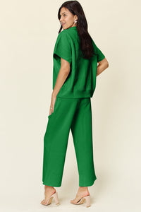Double Take Full Size Texture Half Zip Short Sleeve Top and Pants Set Trandify Deal