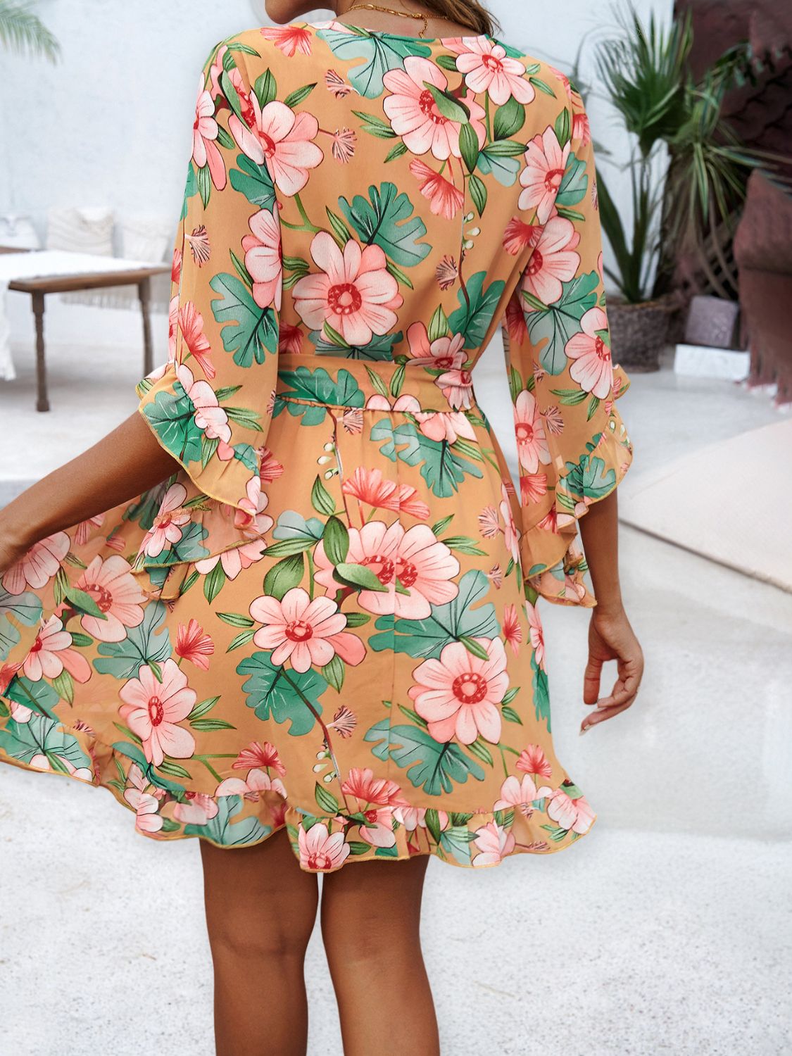 Devine Ruffled Printed Surplice Half Sleeve Mini Dress Trandify Deal