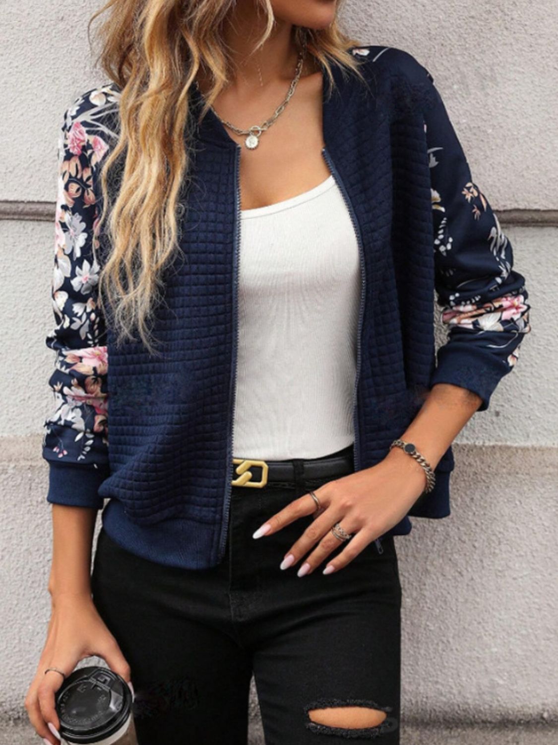 Printed Zip Up Long Sleeve Jacket Trandify Deal