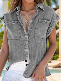 Collared Neck Cap Sleeve Denim Top Trandify deal