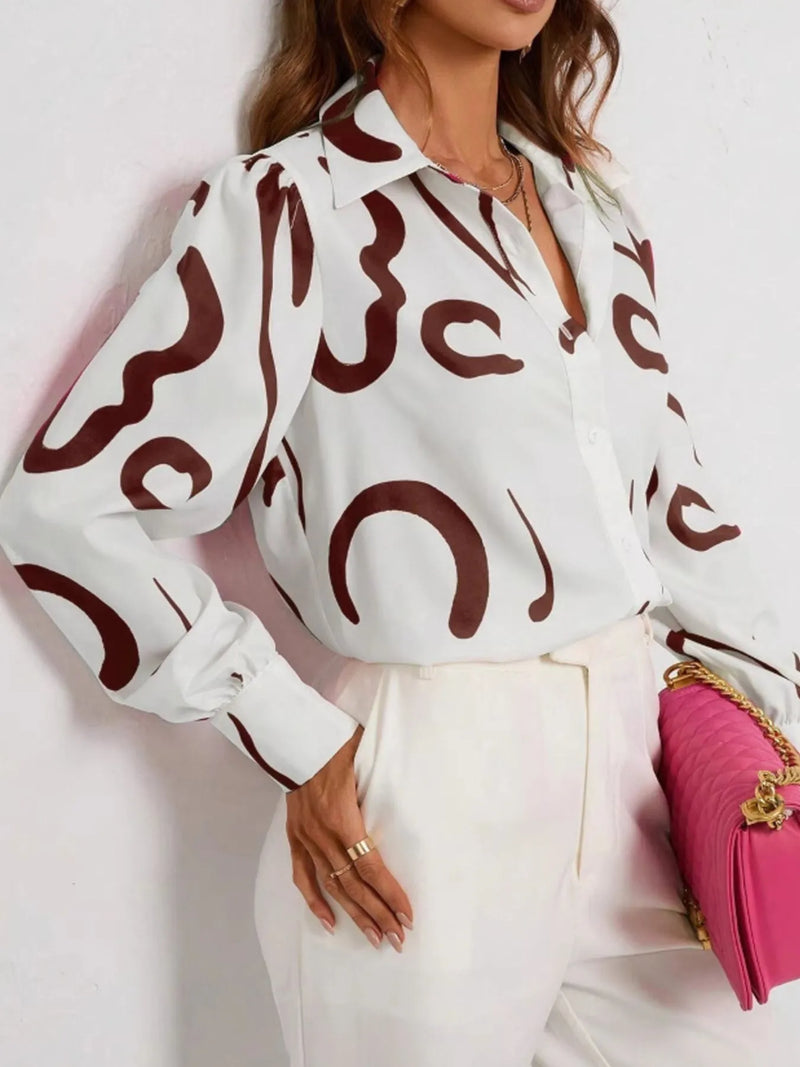 Women’s Abstract Print Long Sleeve Collared Shirt – Trendy Blouse for Work & Casual