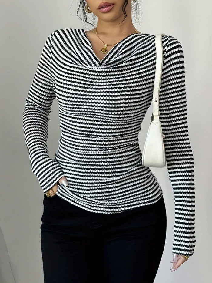 Fashionable Striped T-Shirt with Cowl Neck – Best Casual Women’s Top for Layering
