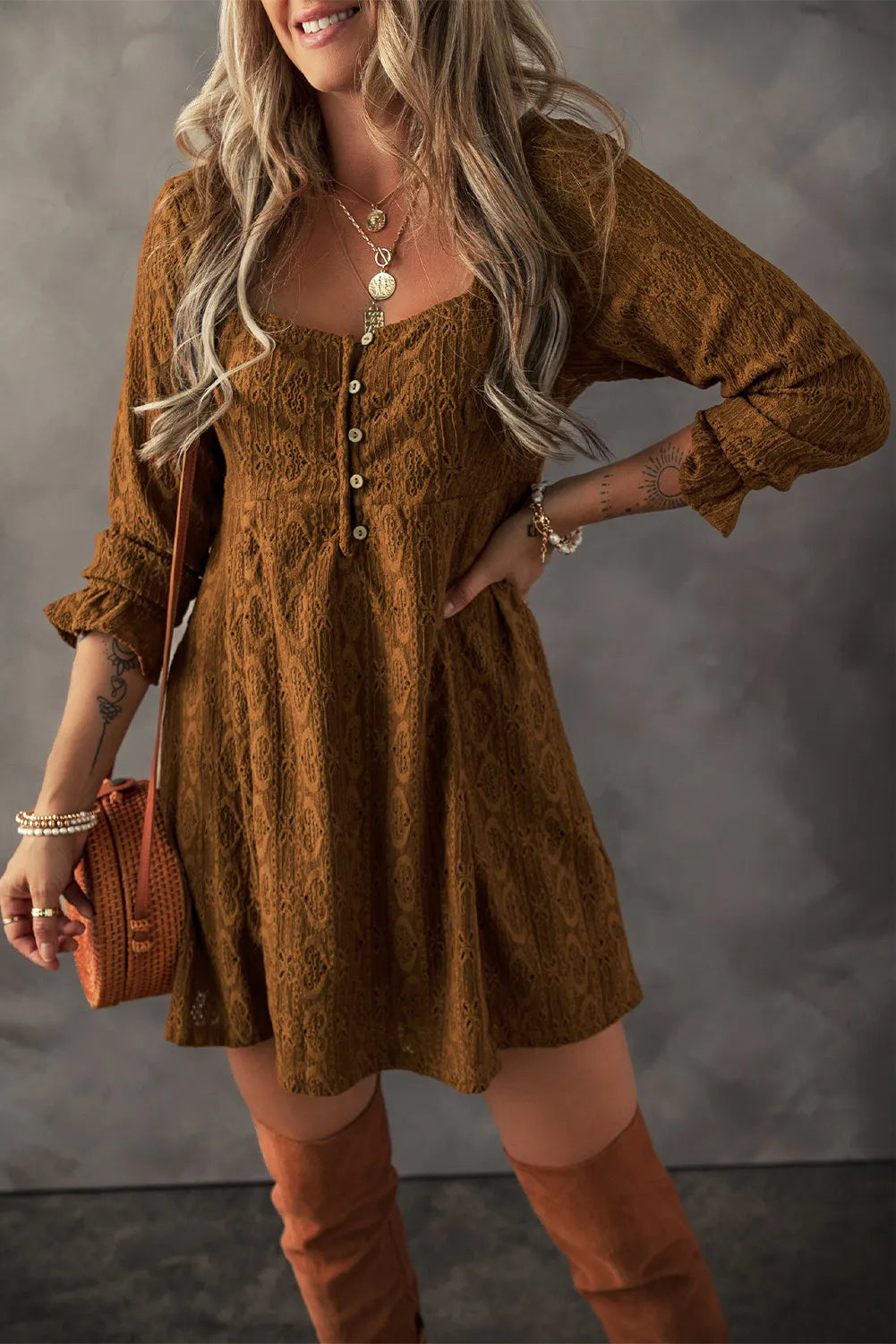 Textured Square Neck Mini Dress Trandify Deal