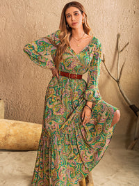 Printed Tie Neck Long Sleeve Dress Trandify Deal