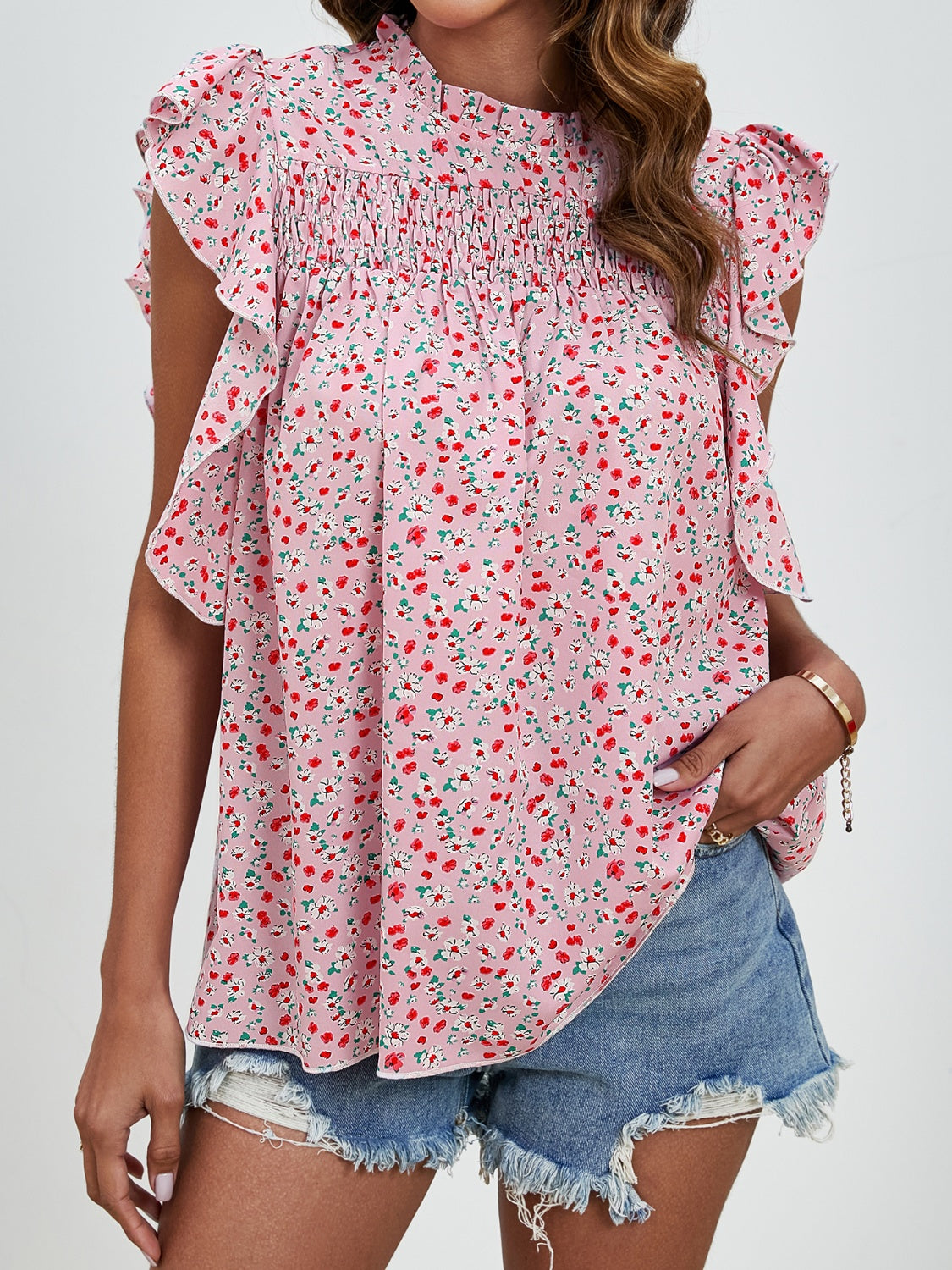 Ruffled Ditsy Floral Mock Neck Cap Sleeve Blouse Trandify deal