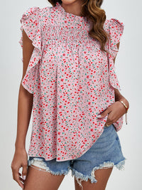 Ruffled Ditsy Floral Mock Neck Cap Sleeve Blouse Trandify deal