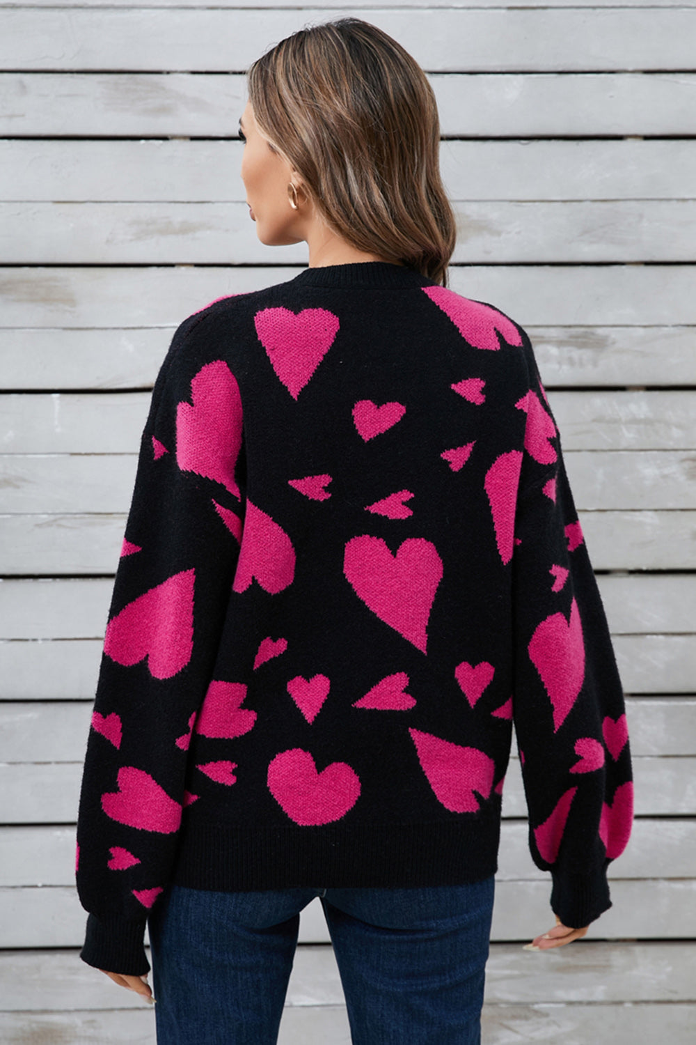Angel Wings Heart Contrast Round Neck Long Sleeve Sweater Trandify Deal