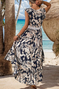 Perfee High-Low Printed V-Neck Cap Sleeve Midi Dress Trandify deal