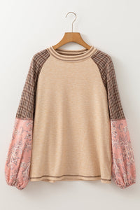 Plaid Floral Patchwork Round Neck Long Sleeve Top Trandify Deal