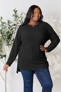 Basic Bae Full Size Ribbed Round Neck Long Sleeve Slit Top Trandify Deal