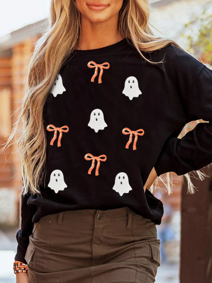 Spooky Halloween Ghost Sequin Sweatshirt for Women, Cozy Party Top
