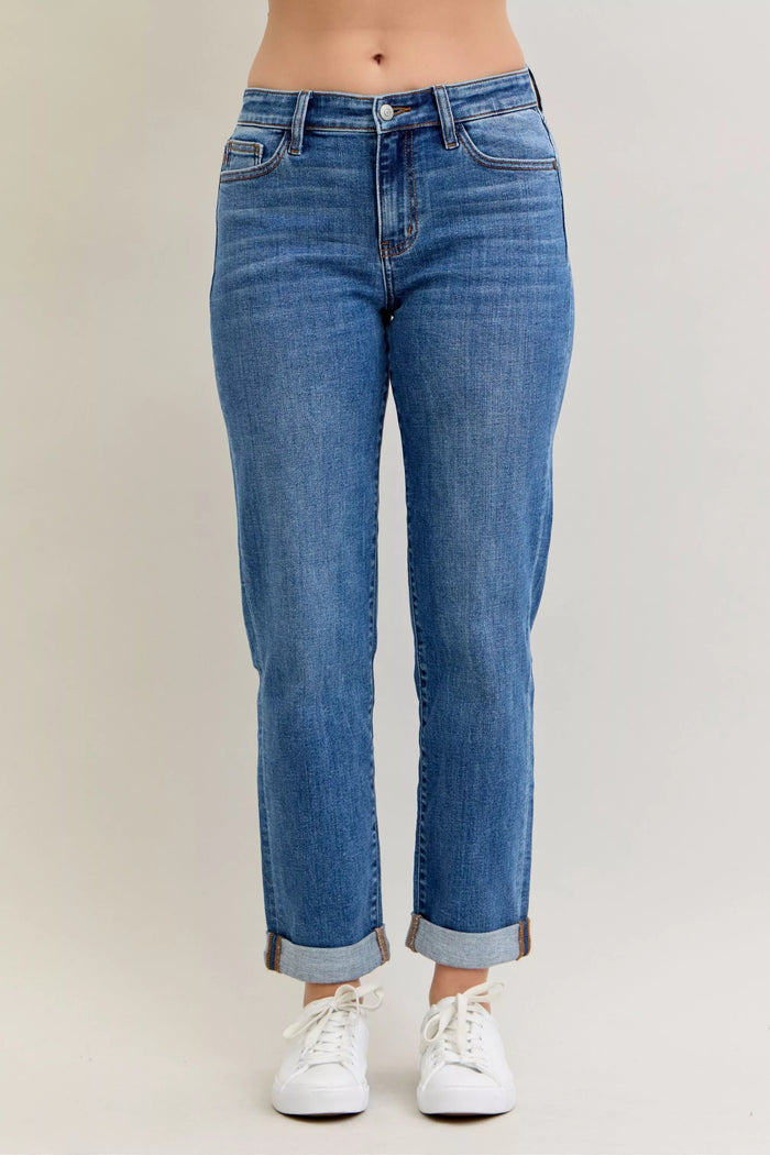Plus Size Judy Blue Cuffed Jeans in a mid-rise, classic fit shown on a model.