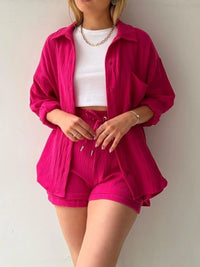 Trendy linen-blend two-piece set for women, stylish matching shirt and shorts