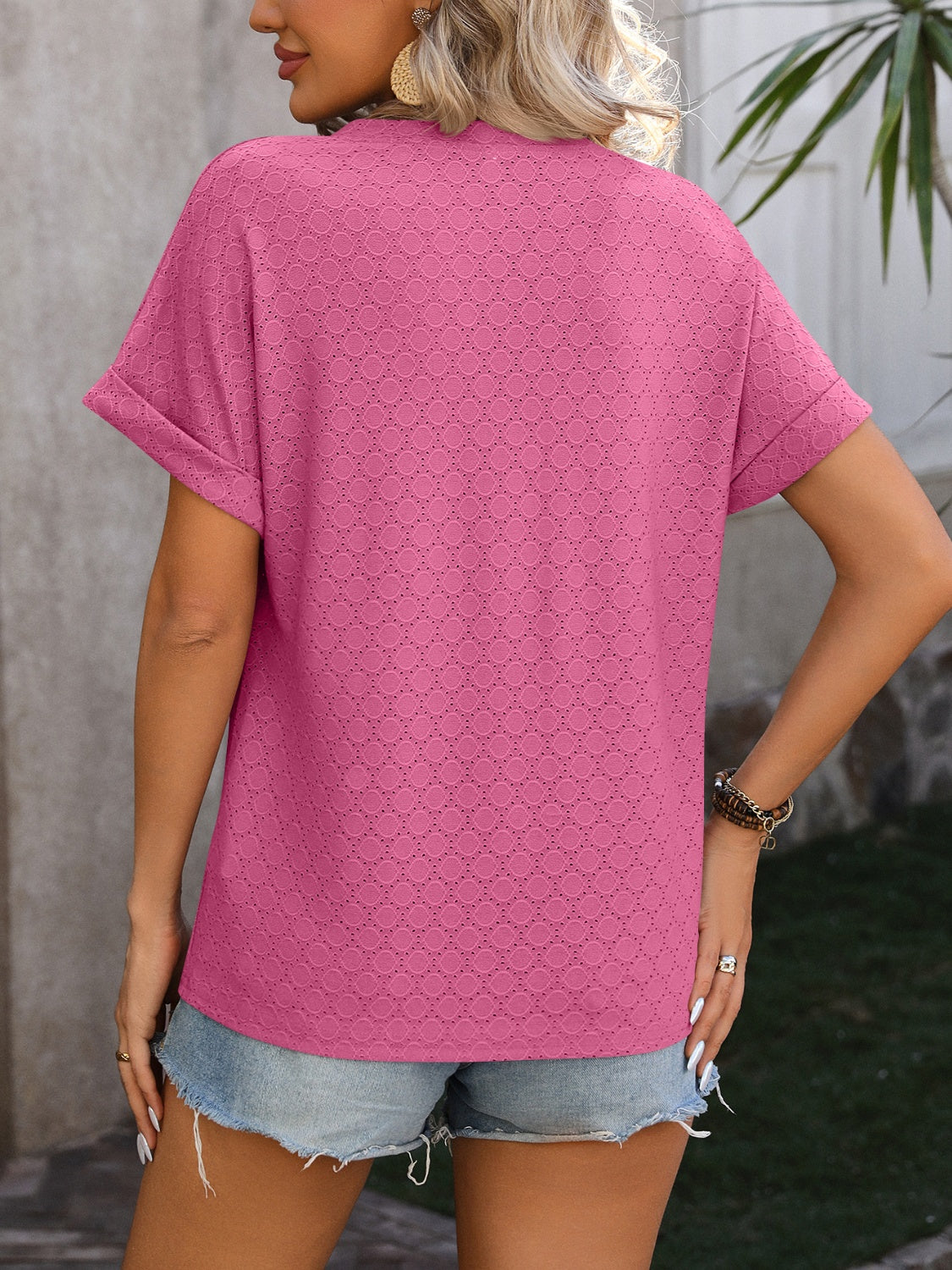 Mandy Eyelet Notched Short Sleeve T-Shirt Trandify deal