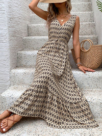 Perfee Printed V-Neck Tie Waist Midi Dress - Trandify Deal