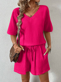V-Neck Half Sleeve Top and Shorts Set - Trandify Deal