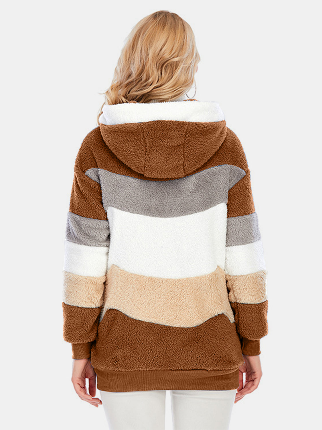 Full Size Drawstring Color Block Zip Up Hooded Outerwear Trandify Deal