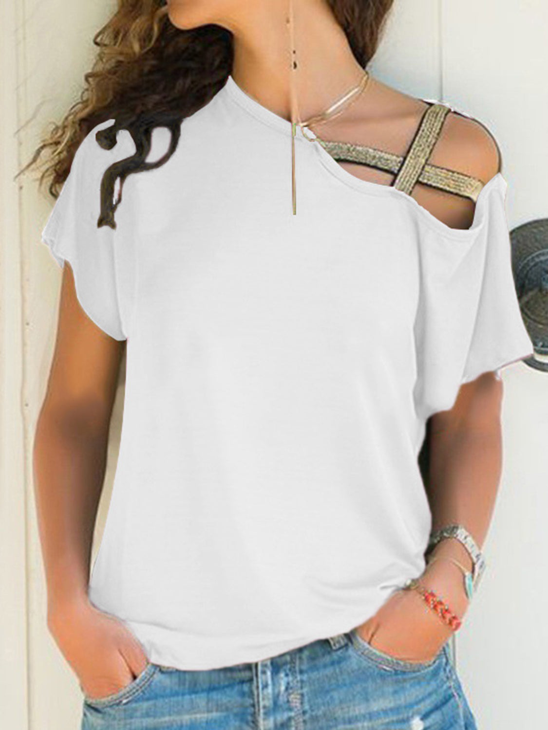 Asymmetrical Neck Short Sleeve T-Shirt Trandify Deal