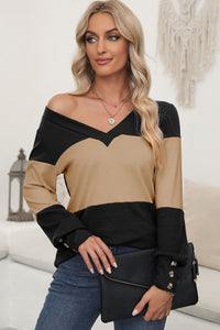 Color Block V-Neck Long Sleeve Top Trandify Deal